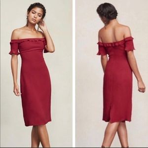 Reformation Red Antonia Off the Shoulder Ruffle Midi Dress Size 2